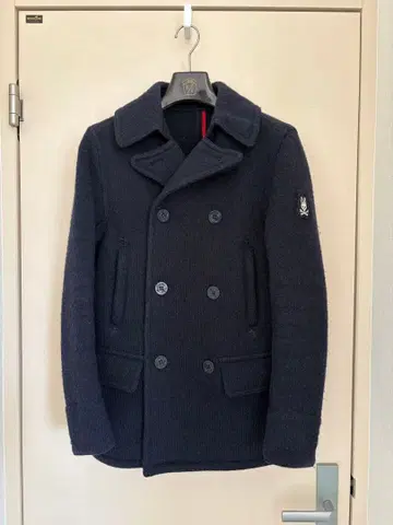 Psycho Bunny 울 더블 브레스트 피 코트 네이비