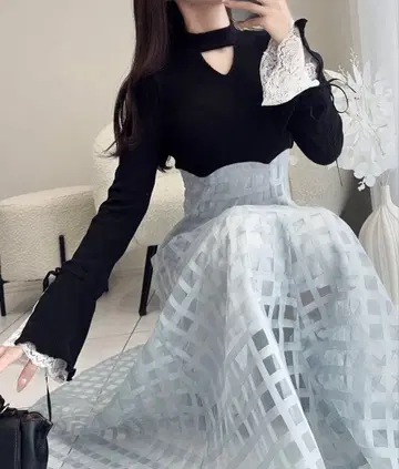 mily bilet 소매 레이스 리브 니트 도킹 원피스