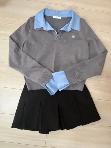 치코 자수 장식 카라 부착 폴로 니트 치마바지 세트