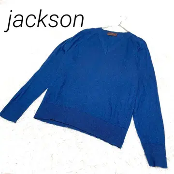 jackson 파랑 V넥 니트 스웨터 긴팔 M 모 65% 실크 35%