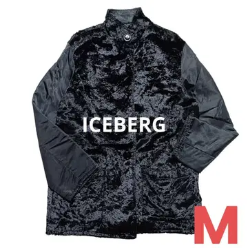 아이스버그 이소재 절개 블루종 코트 블랙 로고 자수 벨벳 나일론