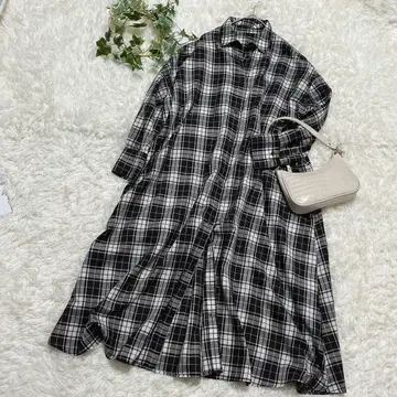 MK 체크 무늬 롱 셔츠 원피스 체형 커버 34M 상당 루즈핏
