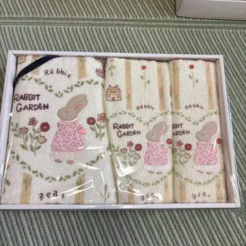 토끼와 꽃 자수 타월 3개 세트
