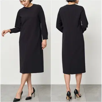 빅 사이즈 L 소주 스트레치 파인 소매 절개 원피스 다크 네이비