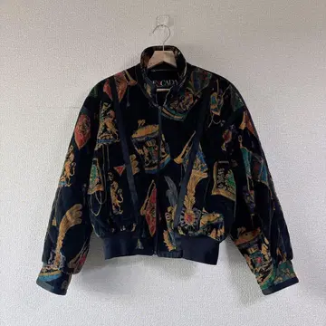 ESCADA 빈티지 벨로아 올 패턴 블루종 스카프 패턴 면 혼방 독일제