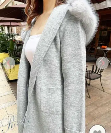 Rady 볼륨 퍼 grey 롱 니트 코트 리본