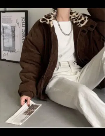 emi+ 에미+ 레오파드 블루종 다운 자켓