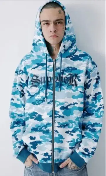 [ 완판템 ] Supplier 블루 카모 패턴 풀 집업 후드티 XL