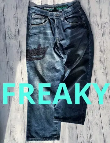 프리키 [ FREAKY ] 배기 데님 팬츠 B계 데미지 금 자수 다보팬
