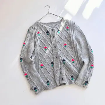 빈티지 꽃무늬 자수 티롤리안 니트 그레이 가디건 A8