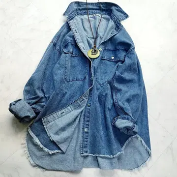 시너리 데님 긴팔 셔츠 블루 오버 사이즈 루즈핏 프린지