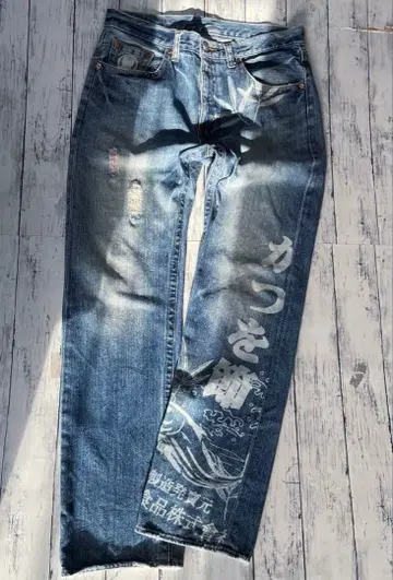 호텐 상점 센바 데미지 데님 L 가츠오부시 프린트 일본풍 패턴