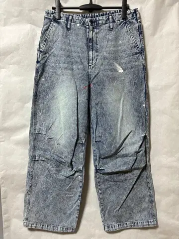 페인트 데미지 가공 블루 데님 와이드 레그 구제 의류 L 사이즈