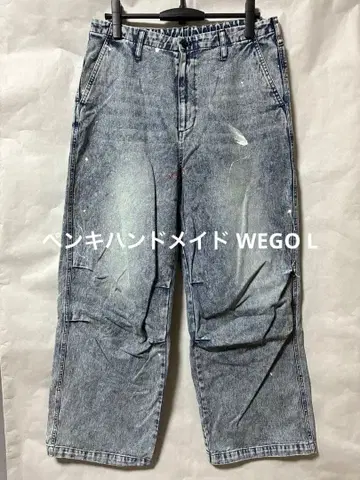 페인트 데미지 가공 블루 데님 와이드 레그 구제 의류 L 사이즈