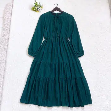 Lois CRAYON 티어드 롱 원피스 리본 플레어 짙은 녹색 M