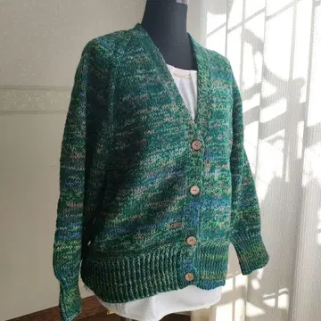 [ 손뜨개질 ] 그린 계열 니트 가디건 긴팔 래글런 소매