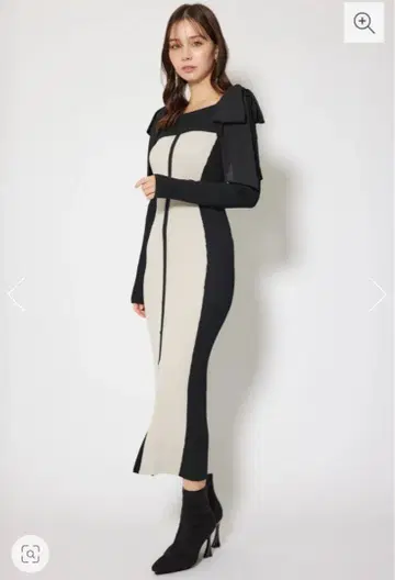 rienda 바이컬러 오프숄더 리본 니트 원피스