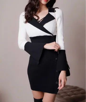 LIP SERVICE 바이컬러 클래시컬 버튼 리브 원피스