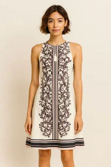 자수 슬리브리스 무릎 기장 원피스