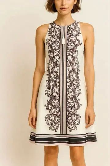 자수 슬리브리스 무릎 기장 원피스