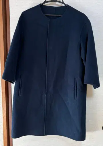 드로어 네이비 캐시미어 울 더블 페이스 노카라 코트