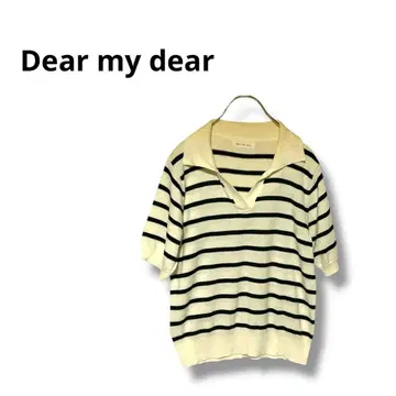 [ Dear my dear ] 니트 피케 셔츠 반팔 보더 귀여운 화이트