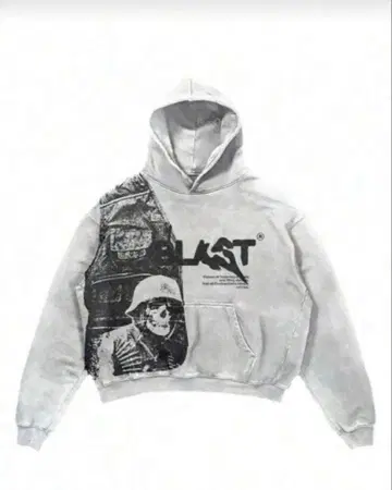 BLAST 스컬 프린트 그레이 크롭 후드티