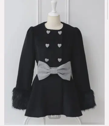 pium 하트 버튼 리본 벨트 샤기 코트 블랙믹스 피움