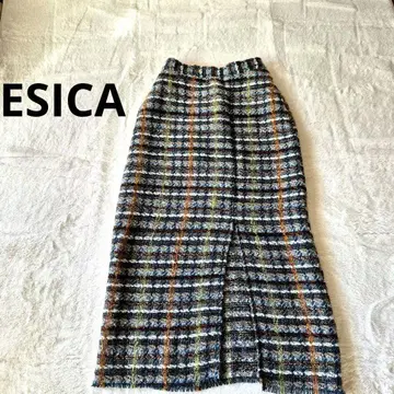 ESICA 에시카 체크 무늬 트위드 프린지 스커트 슬릿 포함