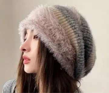 스트라이프 비니 그레이 핑크 베이지