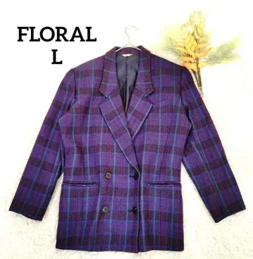 플로럴 여성용 테일러드 자켓(L) 울 네이비 체크 무늬