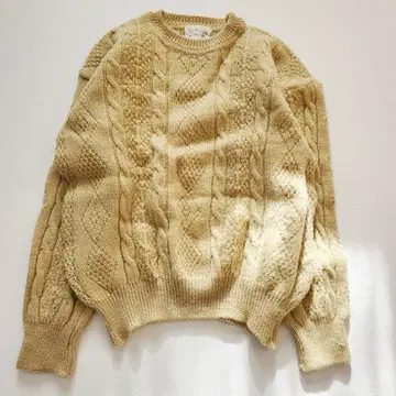 손뜨개질 핸드 니트 크루넥 스웨터 울 100% 케이블 베이지