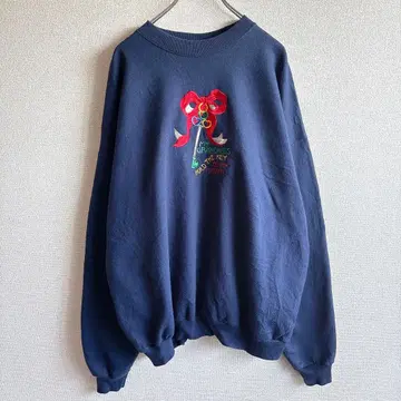 Hanes 맨투맨 자수 메시지 리본 열쇠 레트로 네이비