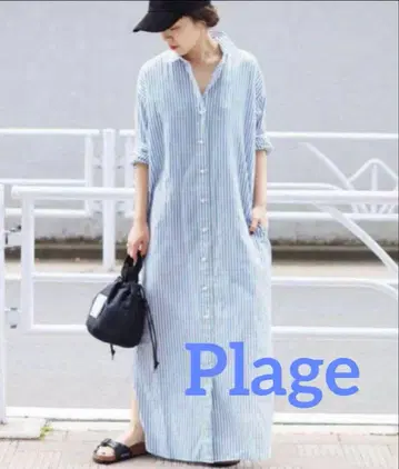 Plage 셔츠 원피스 롱 원피스 스트라이프 린넨