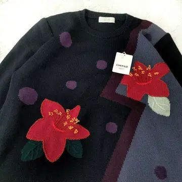 새상품 꽃무늬 긴팔 스웨터 울 100% 빅사이즈 블랙 퍼플 빨간 백합