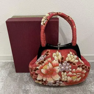 새상품급 쇼와 레트로 비즈 백 꽃무늬 비즈 장식 핑크 가마구치 핸드백