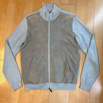 PRANDI 펀칭 가죽 x 니트 집업 블루종