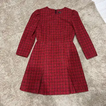 레드 계열 체크 퍼프 슬리브 긴팔 미니 원피스 크리스마스 컬러