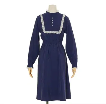 네이비 레이스 장식 롱 원피스