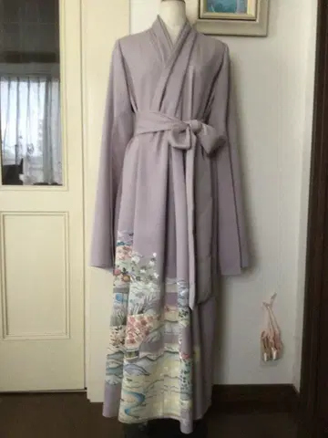 기모노 리메이크 교차 옷깃, 소매 슬릿 롱 드레스