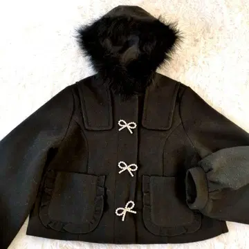 허니시나몬 더플 코트 퍼프 슬리브 블랙 리본 비쥬 퍼