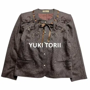 유키토리이 노카라 자켓 브라운 펄 자수 리본 고급 모 100%