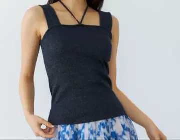 [ STRATA ] 2way 리본 스퀘어 라메 탱크 탑 네이비