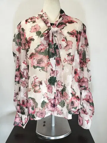 택 포함 새상품 꽃무늬 시스루 블라우스 리본 포함