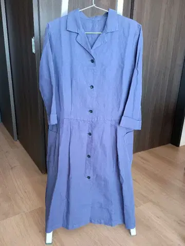 보라색 셔츠 원피스 긴팔 포켓 부착