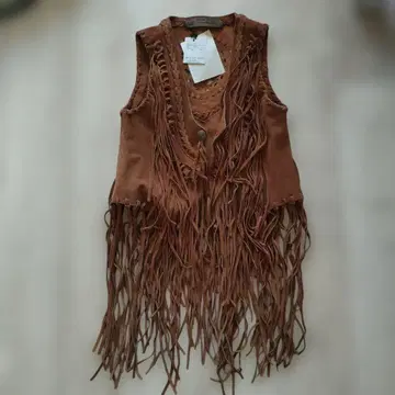 goa 정가 25800 카멜 스웨이드 프린지 베스트 소가죽 100%