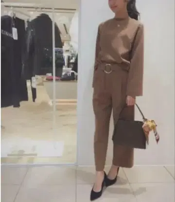 브라운 벨트 와이드 팬츠 셋업