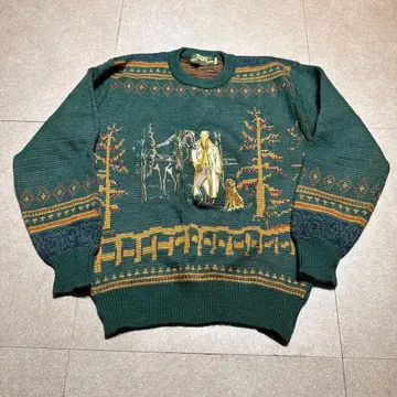 Adax 스웨터 니트 빈티지 90s 자수 그린 개 애니멀 일본제