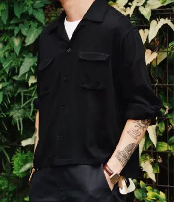 noen 숏 리브 레이온 셔츠 긴팔 셔츠 짧은 기장 블랙