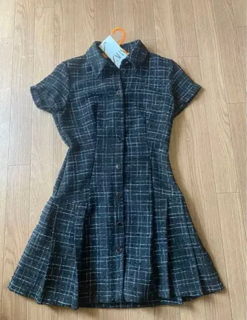 [ ZARA ] 반팔 트위드 미니 원피스 블랙 화이트 체크 S 사이즈